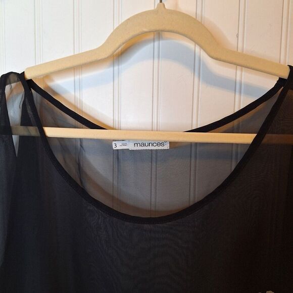 Maurice’s Size 3 US 24/26 Pullover Blouson Top Sheer Black Floral Cold Shoulder - Picture 3 of 14